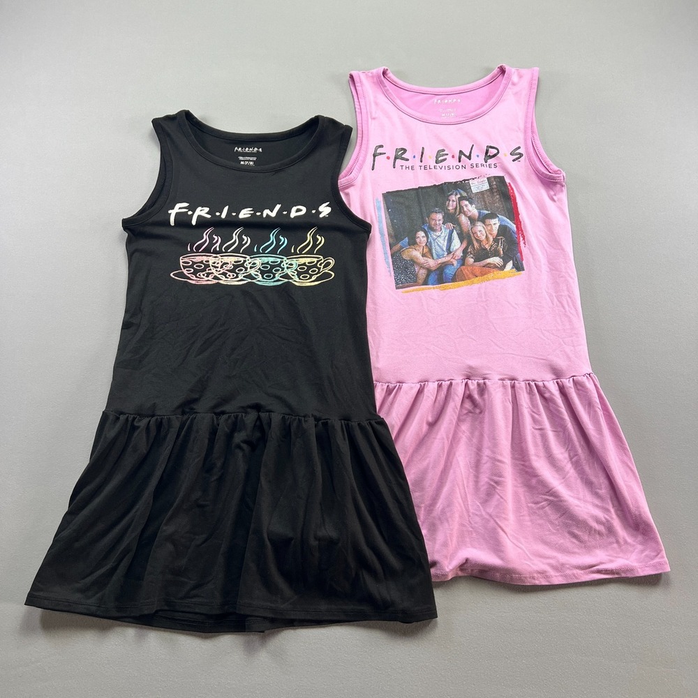 Lot Of 2 Friends Drop Waist Tank Dress Girls M 7-8 Black Pink Graphic Sleeveless